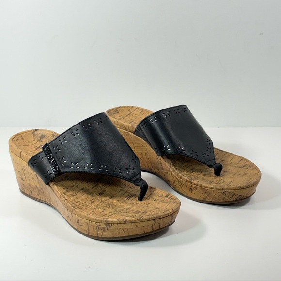 Vionic Womens Size 6 Black Anitra Leather Wedge Thong Sandal Flip Flops Black - Picture 1 of 10